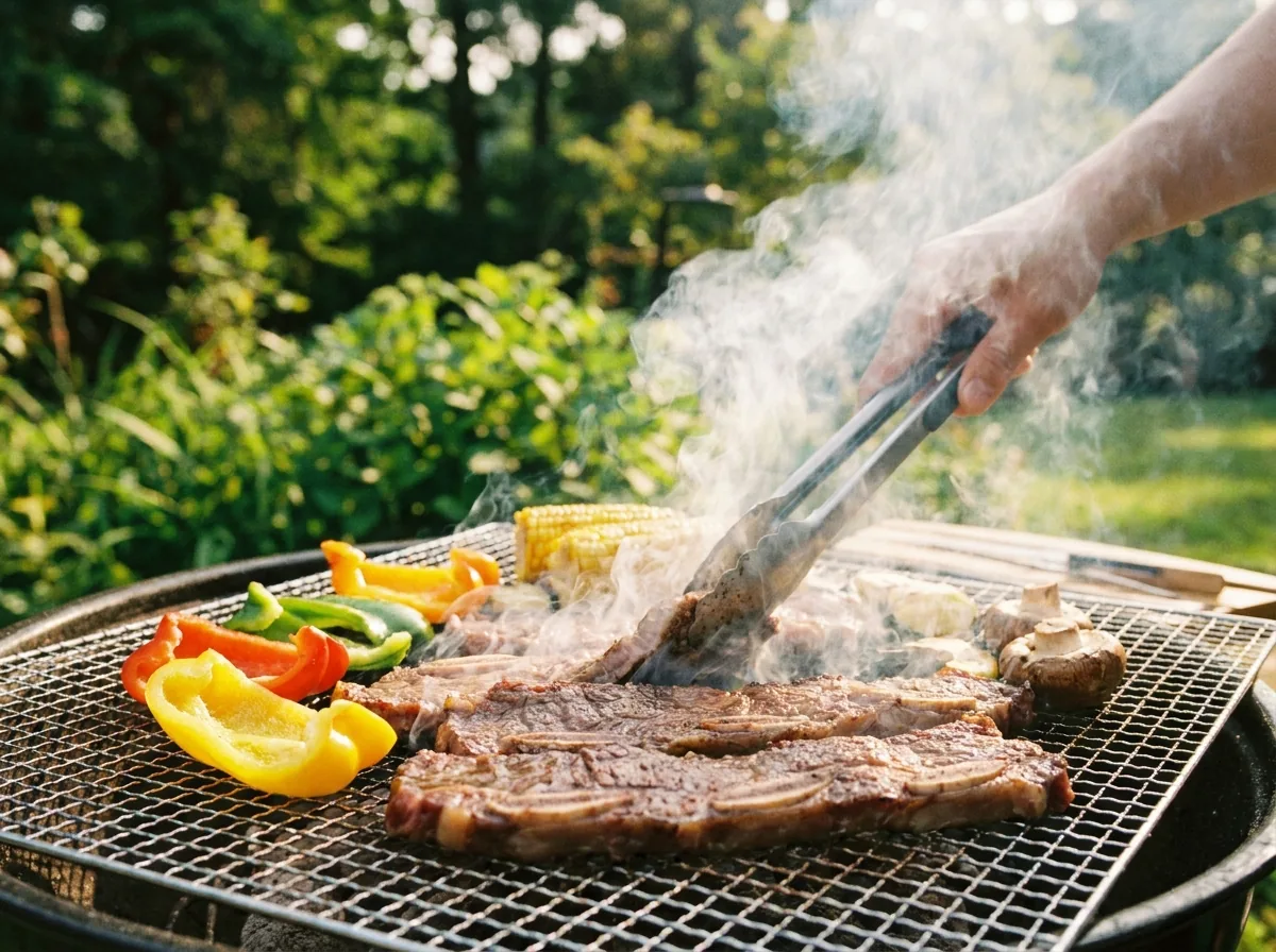 屋外のバーベキューで網の上の肉を焼いている様子（イメージ）